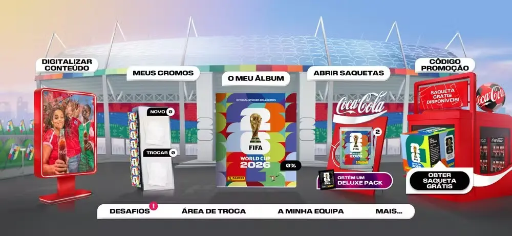 Interface do app FIFA Panini Collection permite visualizar o progresso da coleção e abrir pacotes de forma imersiva. Foto: Reprodução/Panini e Coca Cola